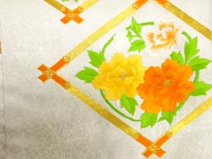 アンティーク　斜め格子に牡丹・菊模様刺繍名古屋帯